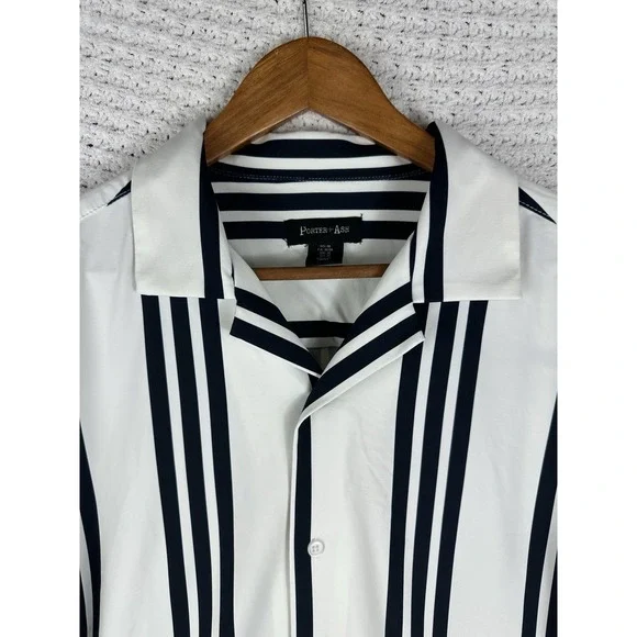 PORTER & ASH Kinetic Stretch Short Sleeve Button Shirt Nvy & Wht Striped Large L - Picture 1 of 5